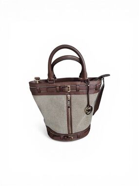 Michael Kors Kingsbury Hemp Beige Canvas and Brown Leather Bucket Tote